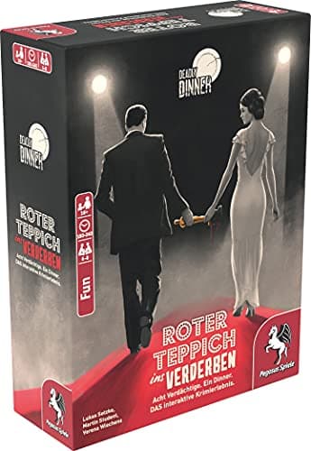 Pegasus Spiele 19010G - Deadly Dinner - Roter Teppich ins Verderben - Krimi Dinner für Zuhause - 6 bis 8 Spieler - Krimispiele für Erwachsene - Krimidinner Spiel