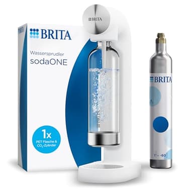 BRITA Wassersprudler sodaONE weiß inkl. CO2-Zylinder und BPA-freier PET-Flasche | Macht aus Leitungswasser prickelndes Sprudelwasser (bis zu 60l pro Zylinder)