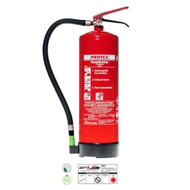 Protex – Schaum-Feuerlöscher SD6 E – 6 Liter – fluorfrei – für die Brandklassen A und B – nach DIN EN 3 – 11 kg – mit praktischer Halterung – mit Prüfplakette – Made in EU
