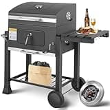 Grau Holzkohlegrill XL, Grillwagen Holzkohle, Groß Kohlegrill, Griller, Smoker Holzkohlegrill mit Deckel, Rädern, Grillrost und Thermometer, Höhenverstellbar, BBQ Grill für Camping und Garten