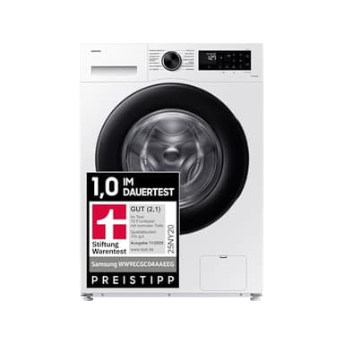 Samsung Waschmaschine, 9 kg, 1.400 U/min, EEK: A, Mikroplastik-Programm, Ecobubble, 14 Programme, WiFi SmartControl, Weiß/Schwarz, WW9ECGC04AAEEG