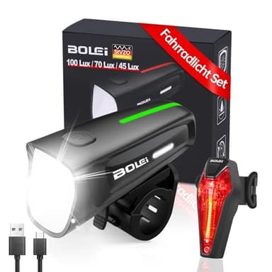 BOLEi LED Fahrradlicht Set 100 LUX,StVZO Zugelassen Fahrradlampe, Fahrradbeleuchtung USB Aufladbar, IPX5 Wasserdicht Fahrradlichter, Batterie Aufforderung schwach, Vorne Frontlicht Und Rücklicht Set