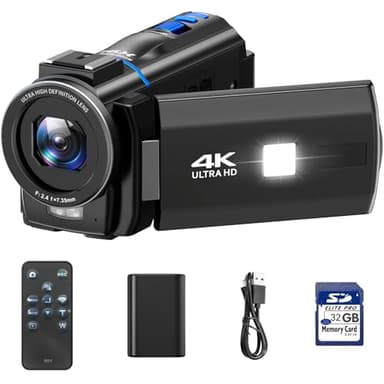 Videokamera 4K, 48MP Camcorder Vlogging Camera für YouTube, 16X Digitalzoom Nachtsicht Vlog Kamera, 3" 270° drehbarer Touchscreen Webcam Video Camera 4K mit 32GB SD-Karte, Fülllicht, Fernbedienung