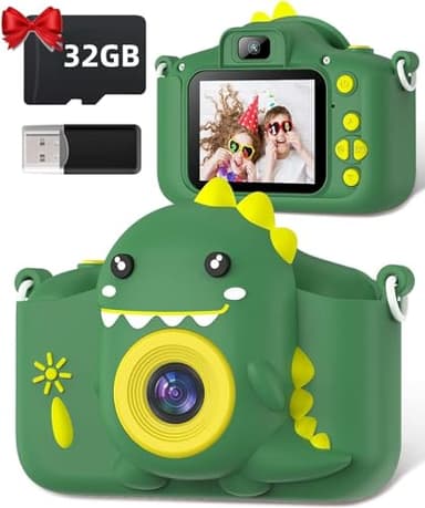 Kinderkamera, Gofunly Kinder Kamera 1080P 2,0-Zoll-Bildschirm Selfie Digitalkamera mit 32GB-Karte für 3-12 Jahre Jungen Mädchen Geburtstagsgeschenk Weihnachten Spielzeug Grün Dinosaurier