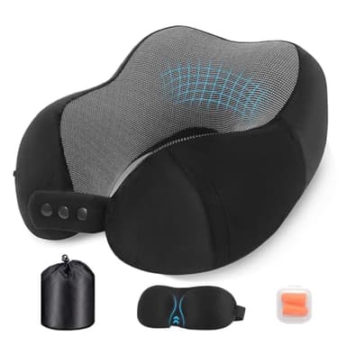 Nexellent Nackenkissen Flugzeug, Reisekissen, Hochwertiges Memory Foam Nackenkissen für Flugzeug und Auto – Vollständiges Set mit Schlafmaske, Ohrstöpseln und Tragetasche. (Schwarz)