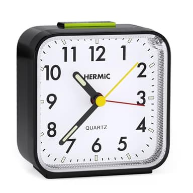 HERMIC Wecker Analog Ohne Ticken Wecker mit Licht, Batteriebetrieben, Lauter Alarm, Schlummerfunktion, Geräuschlos, Leuchtziffern Tragbarer Leise Klein Reisewecker für Tiefschläfer