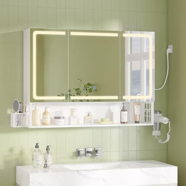 FORABAMB Spiegelschrank Bad mit LED-Beleuchtung & Steckdose, Badezimmerschrank mit Verstellbarem Regal, 3 Farbtemperatur dimmbare, Badschrank mit 3 Türen fürs Badezimmer, Modern, 90×16×70 cm, Weiß