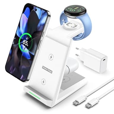 NANAMI induktive Ladestation für Google Pixel Watch 3/2/Fitbit Versa 4/3, 3 in 1 Wireless Charger für Google Pixel 10 Pro/10/9/9a/8/7, induktionsladegerät für Pixel Buds Pro 2(Not for Pixel Watch 4/1)