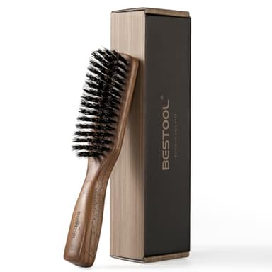 BESTOOL Haarbürste mit Wildschweinborsten für Herren, Steife Borsten, Natürlicher Griff aus schwarzem Walnussholz, Bart- und Schnurrbartbürste
