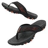 Herren Flip Flops Zehentrenner Leder mit Arch Support Sandalen Weich Leder Stoff Badelatschen Sommer Beach Rutschfest Hausschuhe Pantoletten(Schwarzorange,44 EU)
