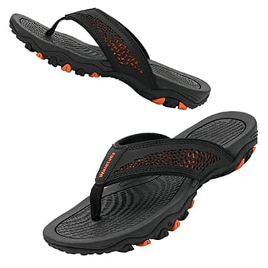WateLves Herren Flip Flops Zehentrenner Leder mit Arch Support Sandalen Weich Leder Stoff Badelatschen Sommer Beach Rutschfest Hausschuhe Pantoletten(Schwarzorange,45 EU)