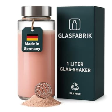GLASFABRIK® Premium Glas Shaker Proteinshake | 1 Liter BPA-freie Glasflasche mit Edelstahlkugel | Nachhaltiger Protein Shaker aus Glas | Geschmacksneutral & auslaufsicher | Deutsche Markenqualität