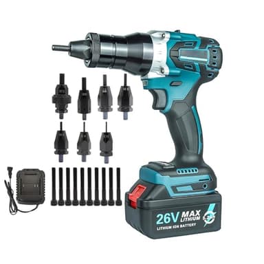 Nietzange Akku Elektrisch Nietmaschine Automatisch Nietzange mit 5200mAh Batterie, 26V Automatisches Nietpistole Set mit Nasenstücken für M3 M4 M5 M6 M8 M10 M12