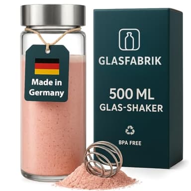 GLASFABRIK® Premium Glas Shaker Proteinshake | 500 ml BPA-freie Glasflasche mit Edelstahlkugel | Nachhaltiger Protein Shaker aus Glas | Geschmacksneutral & auslaufsicher | Deutsche Markenqualität