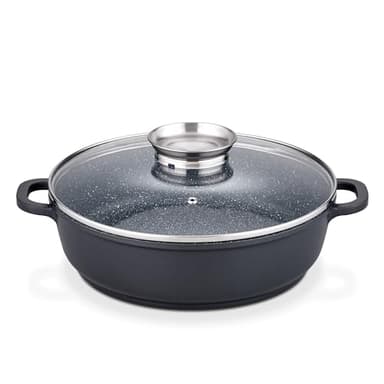 GSW Gourmet Servierpfanne aus Granit mit Aroma Glasdeckel, Pfanne Induktion mit kratzfester Antihaftbeschichtung, Bräter mit Deckel, Bratpfanne 28 cm, Schwarz