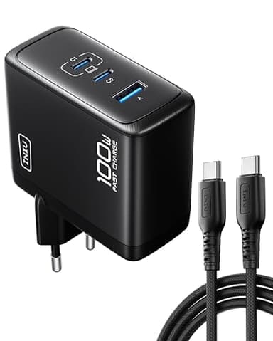 INIU USB C Ladegerät, 100W 3-Port Laptop Schnellladegerät mit USB C Kabel, GaN Mehrfach Netzteil für MacBook Air Pro, iPad, iPhone 17 16 15 Pro Max, Samsung Galaxy S25 S24 Ultra, Pixel, Switch 2 etc