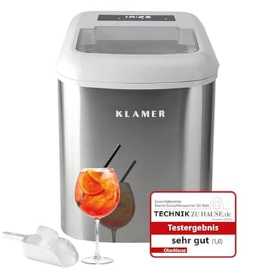 KLAMER Eiswürfelmaschine klein mit Eisschaufel & 2 Eiswürfelgrößen - 10 Eiswürfel in nur 7 Min, 15 kg Eiswürfel pro Tag - leiser Ice Maker mit Timer (silber)