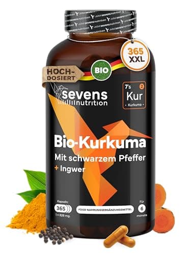 Kurkuma Kapseln Hochdosiert – BIO Kurkuma mit Schwarzem Pfeffer & Ingwer – 365 Kapseln – Curcumin Komplex – Ohne unerwünschte Zusätze - Sevens Nutrition