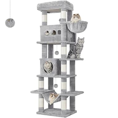 Hzuaneri Kratzbaum groß, 170 cm hoch, Katzenbaum, mit 8 Kratzbäume, 2 Höhlen, groß Plattformen, Waschbare Matte, Hängematte, Plüschbälle, mehrstöckiger katzenkratzbaum, Hellgrau MS17018LG