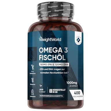 Omega 3 Öl Kapseln - 400 Weichkapseln - 1+ Jahr Vorrat - 1000mg Fischöl pro WeichKapsel - Essentielle Omega 3 Fettsäuren mit EPA 180 mg & DHA 120mg - Fisch öl Softgels - Glutenfrei - WeightWorld
