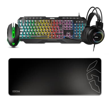KROM KARRIER - Gaming Pack - RGB Rainbow LED Membrantastatur, 19 Anti-Ghosting-Tasten, Optische Maus 3600 dpi, Stereo-Kopfhörer 50mm, XXL Anti-Rutsch-Gummimauspad, Layout, schwarz