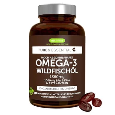 Igennus Hochwertigstes Omega-3 Wildfischöl & Astaxanthin, 180 Weichkapseln, Triglyceridform rTG, 1360mg, EPA 670 mg & DHA 330mg Omega-3 Fettsäuren, ultra rein; frei von Umweltgiften, Zitronengeschmack