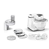 Bosch Küchenmaschine Serie 2 MUMS2AW01, 3,8l Kunststoff-Schüssel, Durchlaufschnitzler, 4 Scheiben, 4 Stufen, Knethaken/Rührbesen/Schlagbesen, spülm.fest, 700 W, weiß