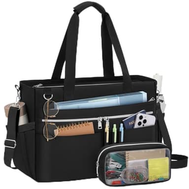 RAINSMORE Lehrertasche Damen 15,6 Zoll Laptoptasche Groß Arbeitstasche mit Isolierter Tasche Wasserabweisende Handtasche Shopper Tasche für Arbeit Büro Uni Reisen Business Schwarz