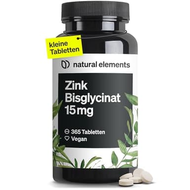 natural elements Zink 15mg – 365 Tabletten – gut verträgliches Zinkbisglycinat (Zink-Chelat) – vegan, hochdosiert, ohne unnötige Zusätze – in Deutschland produziert & laborgeprüft