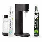 Sparpaket: Mysoda Woody - Wassersprudler aus erneuerbarem Holzkomposit mit 1L BPA-freier Plastikflasche, CO2-Zylinder Classic + CO2-Zylinder Minze (Schwarz)