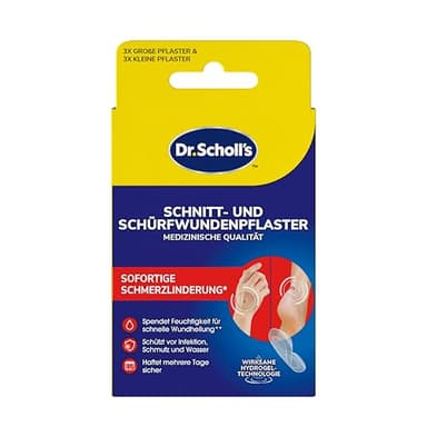 Dr. Scholl's Schnitt- und Schürfwundenpflaster mit Hydrogel-Technologie - Packung mit 6 Stück, 3 große und 3 kleine Pflaster, Lindert Schmerzen sofort, spendet Feuchtigkeit für schnelle Wundheilung