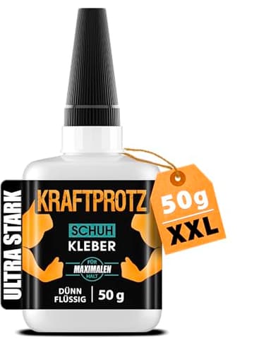 Schuhkleber extra stark dünnflüssig – 50 g XXL Sekundenkleber wasserfest, hitzebeständig & transparent – KRAFTPROTZ Superkleber für Schuhe, Sneaker, Sohlen, Leder, Textil – mit Dosierspitze