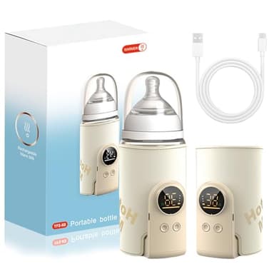 Flaschenwärmer Baby, Tragbarer Flaschenwärmer, Unterwegs mit LCD-Display USB-Ladung Babyflaschenwärmer 6 Einstellbare Temperatur 38-50℃ Muttermilchwärmer Tasche für Unterwegs und Zuhause (Beige)