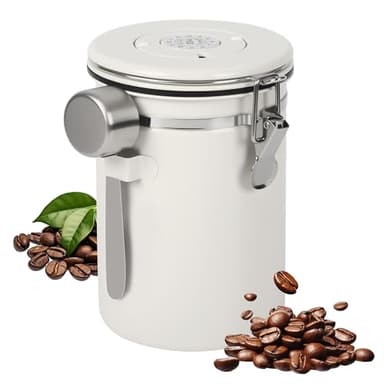 Kaffeebohnen Behälter, Luftdichte Edelstahl Kaffeedose1,8 L KaffeebohnenbehäLter mit EdelstahllöFfel, Multifunktionales Kaffeebohnen Behälter für Tee NüSse Kakao LäNger und Frisch Bleiben (Weiß)