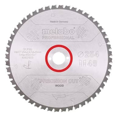metabo Kreissägeblatt - 254 x 30 mm, Zähnezahl: 48, Zahnform: WZ, Spanwinkel: 5° neg - Präzisionsschnitt für Holz, Profiqualität, vibrationsarm - Für Weich-/Hartholz, MDF, Spanplatten, Schichtholz