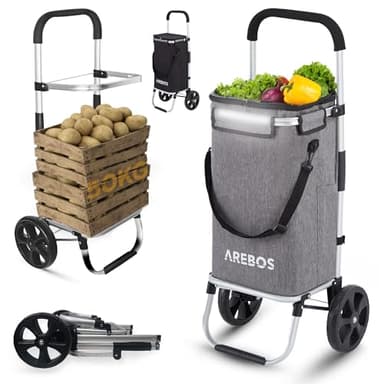 Arebos 3in1 Einkaufstrolley | Trolley groß 56 Liter | Einkaufswagen mit Kühlfach | Einkaufstasche mit Rollen | Klappbarer Shopper | klappbar Tasche abnehmbar | Einkaufsroller, Handwagen | Grau