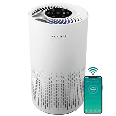 KLAMER Luftreiniger 300i mit HEPA Filter, CADR Spitzenleistung von 220 m³/h, für Räume bis 50m², entfernt bis zu 99,9% Pollen, Staub, Viren und Allergene, 3 Modi inkl. Automatikmodus