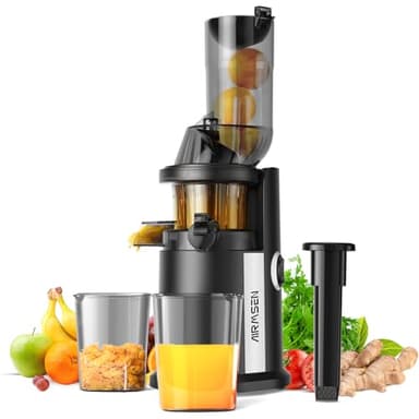 AIRMSEN Slow Juicer, Entsafter Gemüse und Obst mit 82mm Großem Einfüllöffnung für ganze Früchte entsaften, Max 450W BPA freie Cold Press Juicer Machine mit 2 Behälter und Bürste - Schwarz