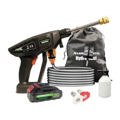 Hammersmith HydroBlast - kabellose Akku Reinigungspistole mit Wassertank & Zubehör - Akku Druckreiniger für Gartenschlauch - Hochdruck Waschpistole - Tragbarer Hochdruckreiniger - 5m Reichweite