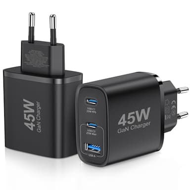 2er-Pack USB C Ladegerät 45W Netzteil GAN für iPhone/Samsung Galaxy S25/S24/S23/S22/S21 iPhone 16/15/14/13/12/11 Pro Max,3 Port Typ C USB Mehrfach PPS Schnellladegerät (Schwarz)