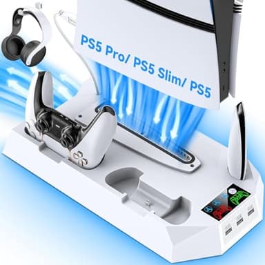 PS5/PS5 Pro Ständer mit 3 stufig PS5 Pro Lüfter und extra 3 USB Anschlüsse, PS5 Standfuß mit PS5 Controller Ladestation & LED Anzeige, PS5 Pro Halterung mit Headset Halter für PS5/PS5 Slim Zubehör