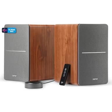 Edifier R1280T+WiiM Mini – WiFi-Aktivlautsprecher – 42W – Multiroom-Audio mit WiFi + Bluetooth – Hi-Res Audio 24Bit/96kHz – DSP-Klangregelung – Cinch, AUX, optischer Eingang – Fernbedienung