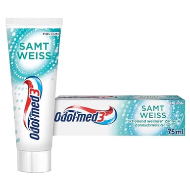 Odol-med3 Samtweiss weiße zähne Zahnpasta, 75ml, Whitening zahncreme, Pearl Technologie sorgt schonend für langanhaltend weißere