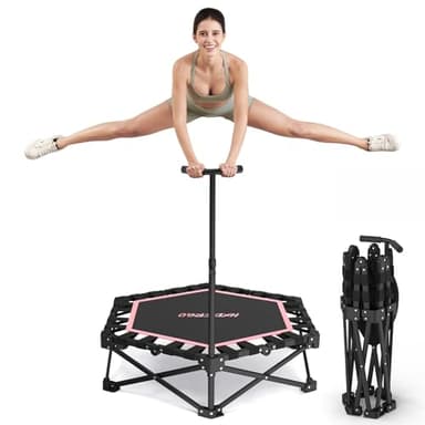 HXD-ERGO Fitness Trampolin Mit Verstellbaren Griffen, Klappbar Jumping Minitrampolin für Erwachsene, Durchmesser 106 cm, Schwarz und Pink