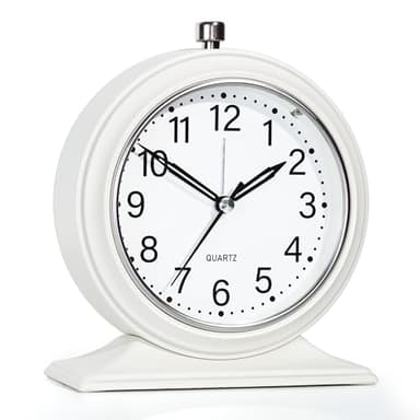 AYRELY® 4-Zoll Kleiner Wecker – Retro Wecker analog ohne Ticken mit Licht, lautloser Metall-Tischuhr für Schlafzimmer, Regal oder Nachttisch (Weiß)