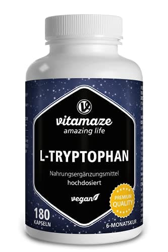 L-Tryptophan hochdosiert, 500 mg pro Kapsel, vegan (pflanzlich fermentiert), 6 Monate Reichweite, natürliche essentielle Aminosäure, laborgeprüft und ohne Zusatzstoffe, Made in Germany