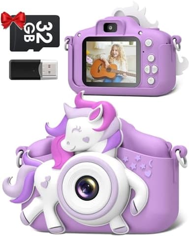 Kinderkamera, Gofunly Kinder Kamera 1080P 2,0-Zoll-Bildschirm Selfie Digitalkamera mit 32GB-Karte für 3-12 Jahre Jungen Mädchen Geburtstagsgeschenk Weihnachten Spielzeug Lila-Weißes Pferd