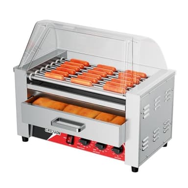CROSSON 2 in 1 Profi Hot Dog Grill,7 Rollen Edelstahl Hot Dog Machine Elektrogrill 1350W mit Brötchenwärmer,Transparentem Deckel,Dual-Temp-Steuerung