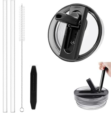 Deckel Auslaufsicher for Stanley Quencher H2.0 0.89 l, Becherdeckel-Set mit 2 Strohhalmen und 1 Reinigungsbürste, abnehmbar, leicht zu reinigen (Schwarz, 30oz)