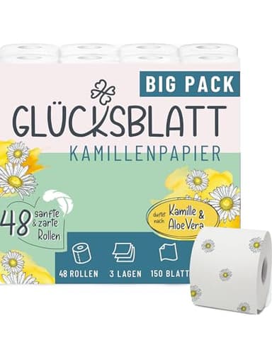 Glücksblatt Toilettenpapier KAMILLE, 3-lagig, 48 Rollen x 150 Blatt, Duft nach Kamille, 100% Zellstoff, weiches Klopapier mit bunten Kamillenblüten, Kamillenpapier, Verpackung aus 30% PCR-Anteil